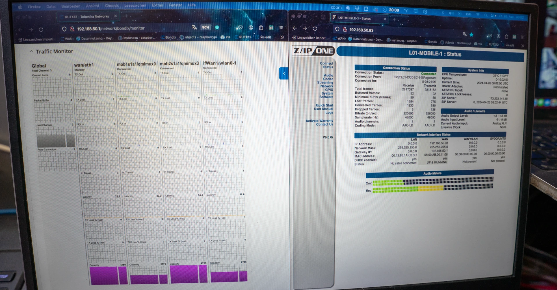 Links der BONDIX Monitor mit der am WAN anliegenden nur auf backup geschalteten und ungenutzten DSL-Leitung, rechts das Status-Dashboards des MAIN-Audio-Codecs